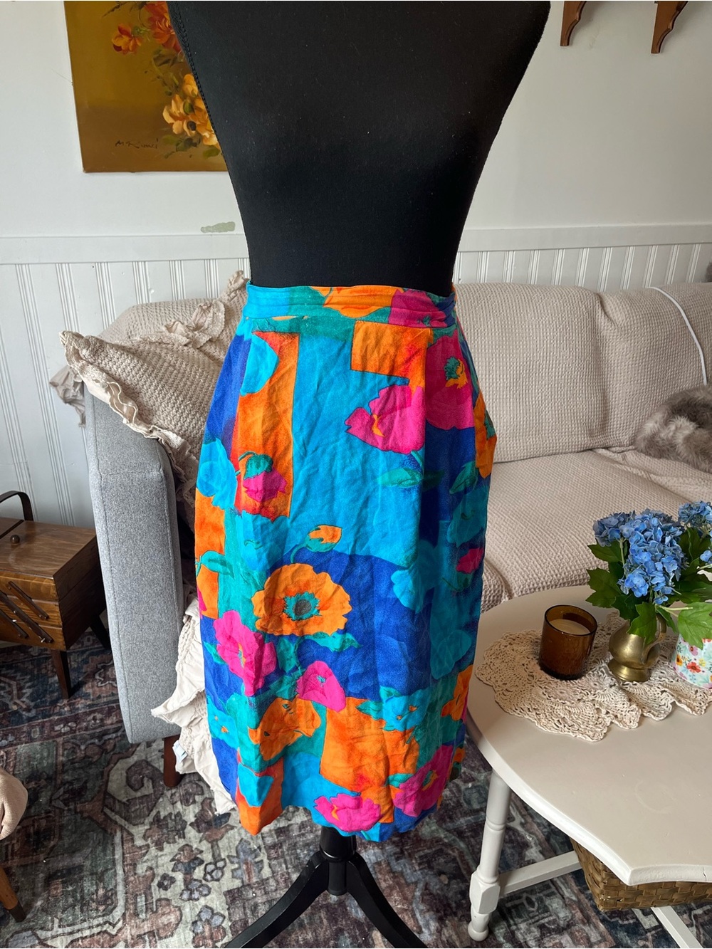 Vintage Lorenzo Vibrant Summer Floral Elastic Band Midi Skirt - Size XL 34”W